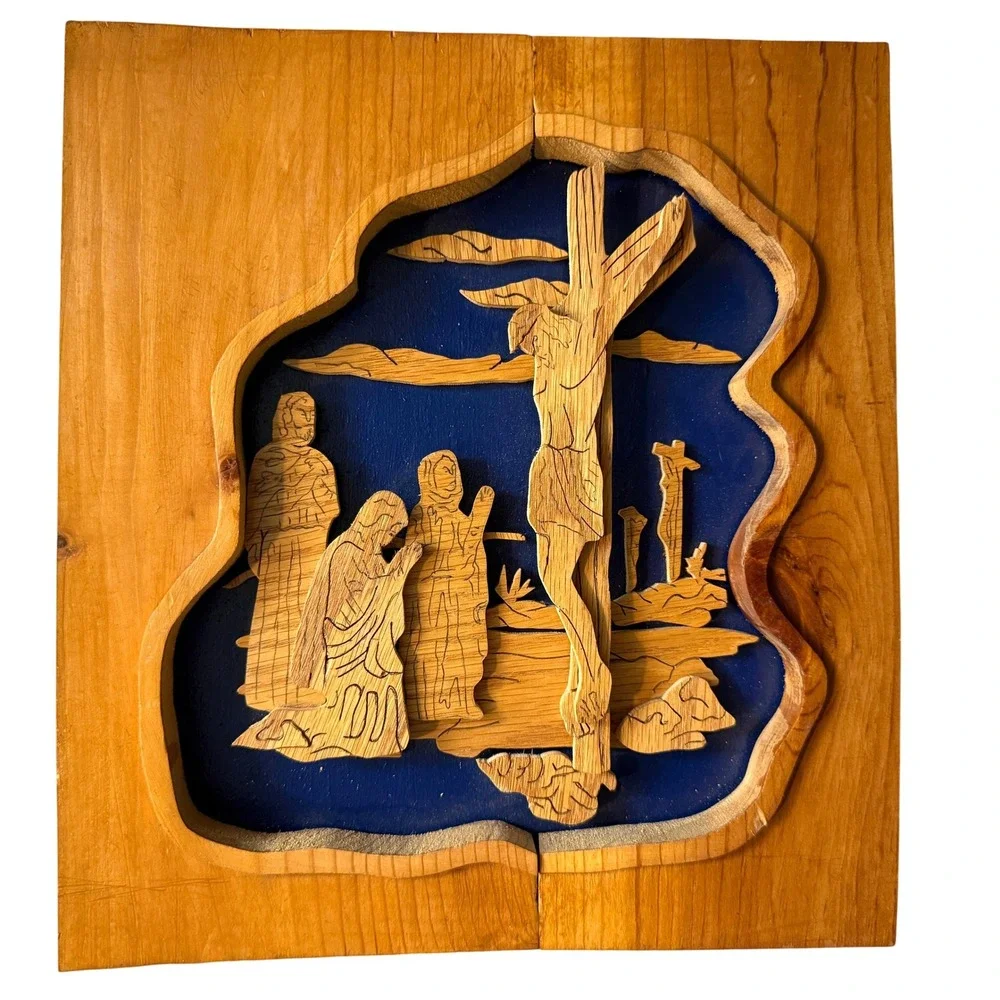 Vtg Religious 3D Wood Carving Jesus Crucifixion Scene Wall Art Plaque 10.5 x 11